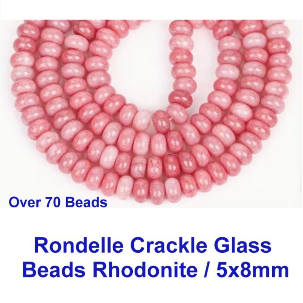 Rondelle Crackle Glass  Beads Rhodonite / 5x8mm  Over 70 Beads